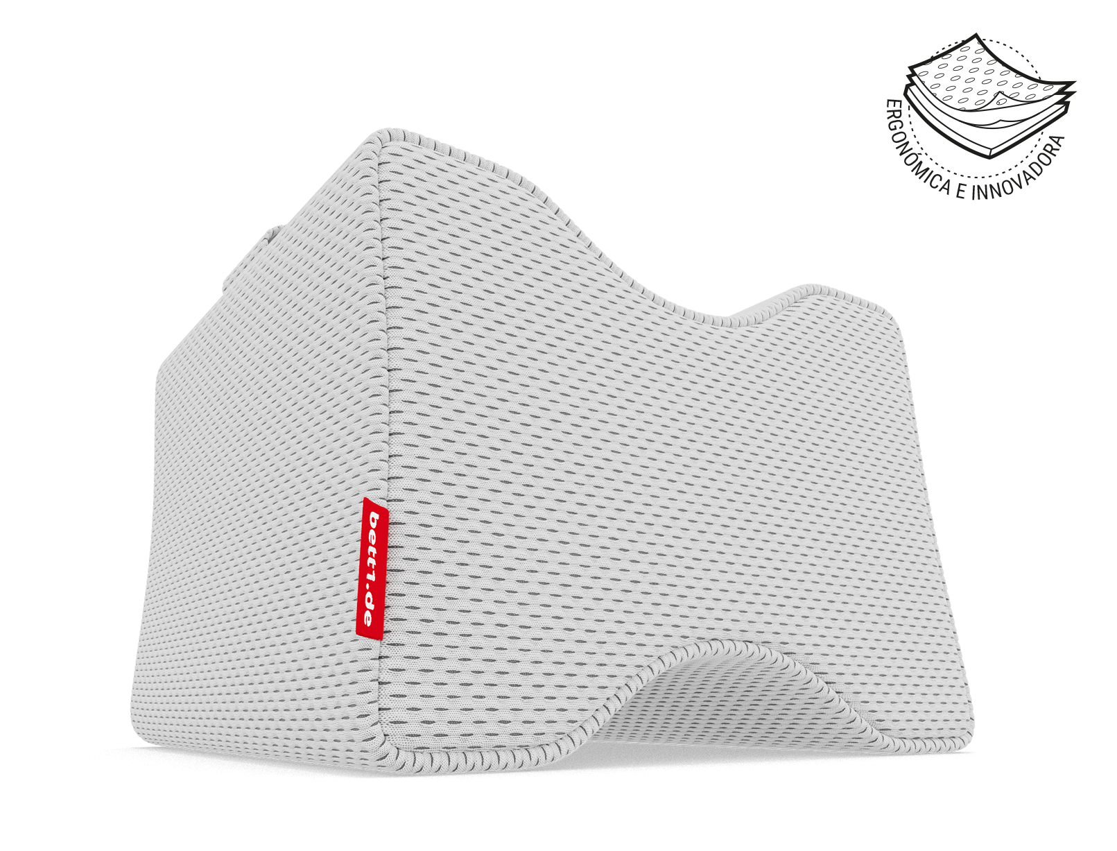 La almohada para las rodillas. Ilustración de la funda de la almohada en tres capas. Texto: ergonómica e innovadora.