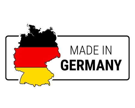Ilustración: Un mapa de Alemania en negro, rojo y dorado con el texto "Made in Germany".