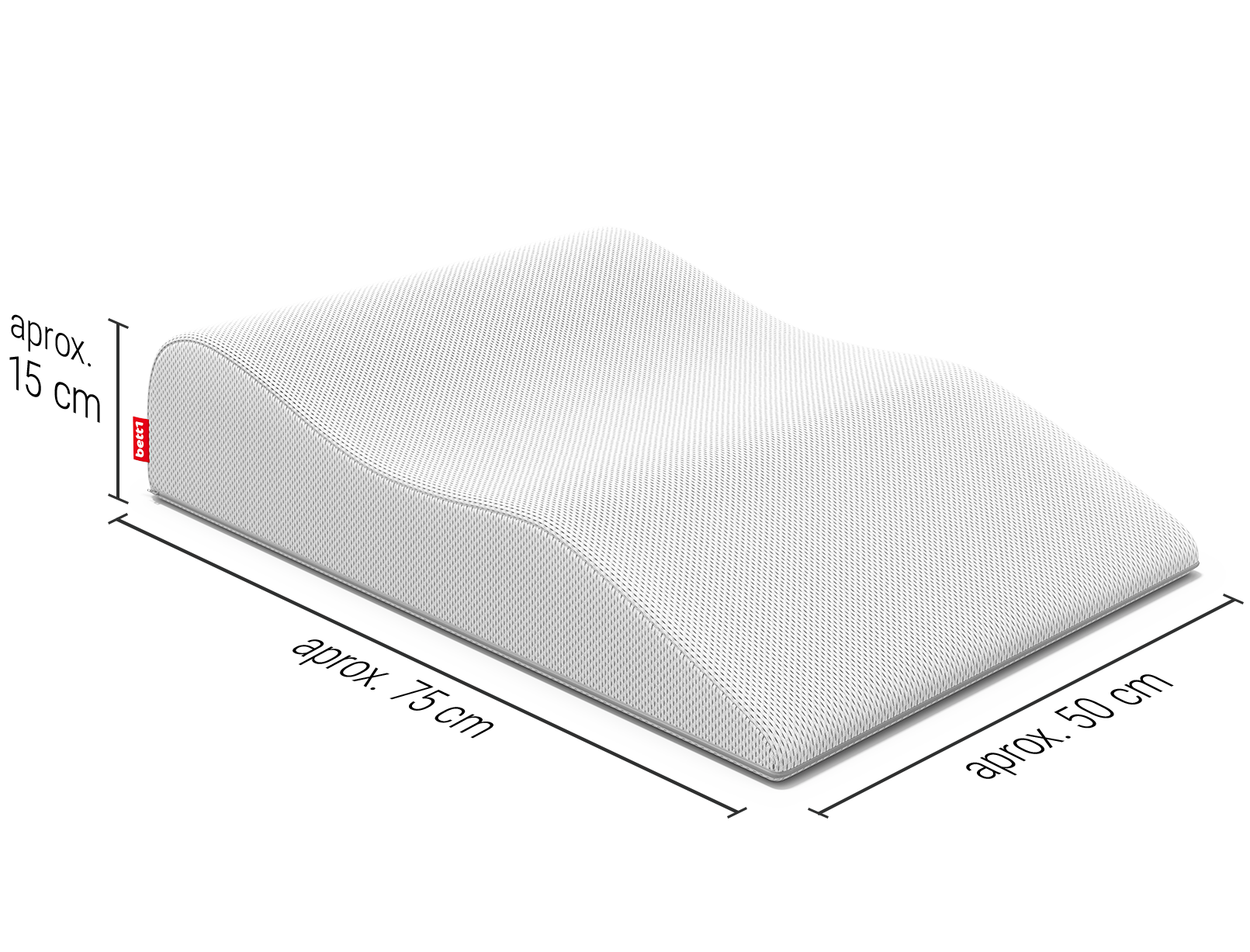 La almohada para las piernas BODYGUARD®, con las dimensiones indicadas en los lados: 75 x 50 x 15 cm (L x A x H).