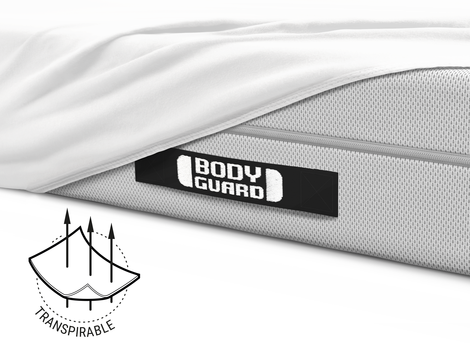 La sábana ajustable BODYGUARD® de jersey en blanco, doblada: Enfoque en la sábana en la variante de color plateado. Texto: Disponible en plata o blanco.