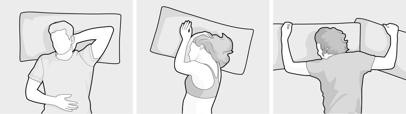 Ilustración en tres partes: a la izquierda, una persona tumbada de espaldas sobre un cojín; en el centro, una persona tumbada de lado sobre un cojín; a la derecha, una persona tumbada boca abajo sobre un cojín.
