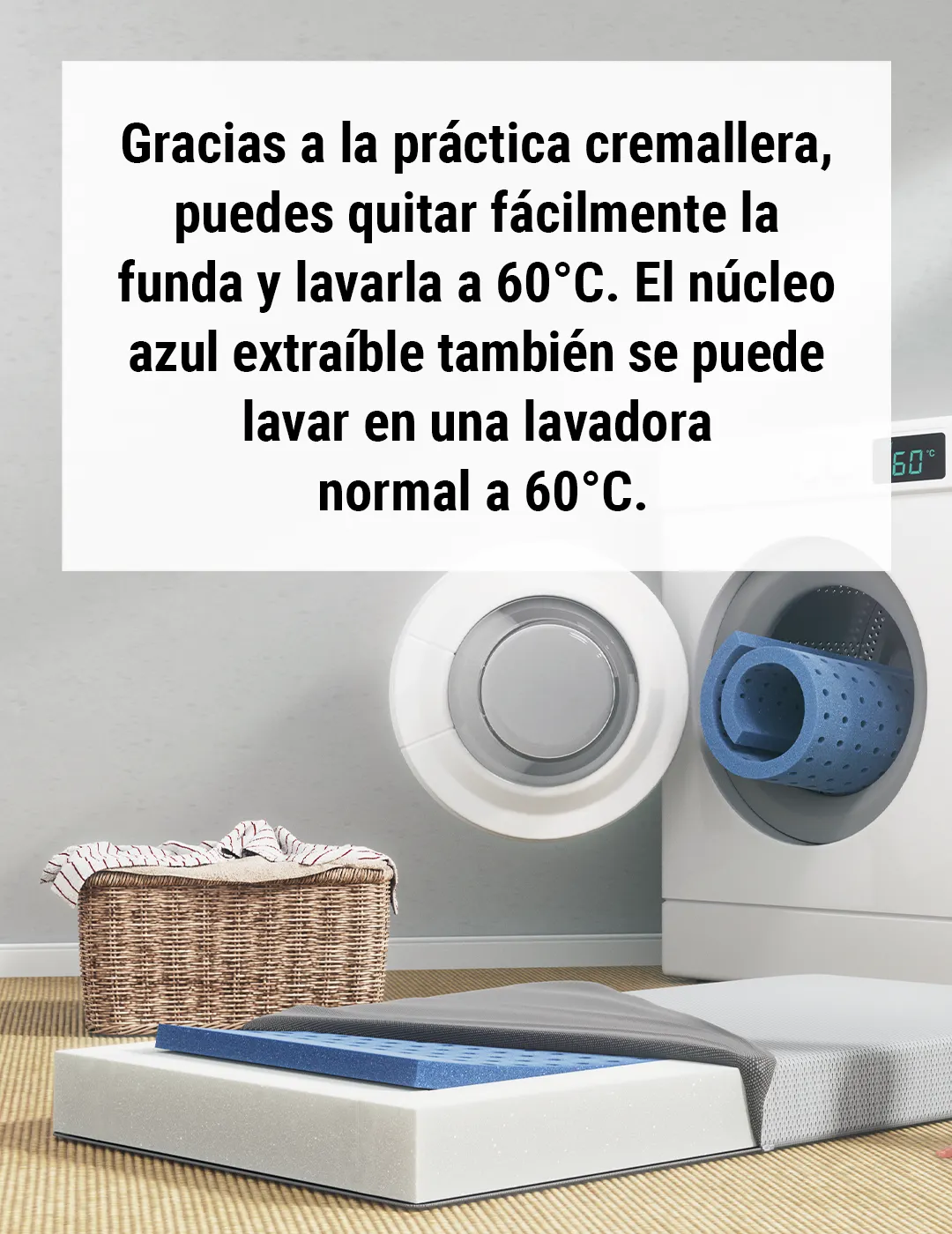 Alt text:  "Colchón BODYGUARD® con funda abierta y núcleo azul extraíble, junto a una lavadora. El mensaje destaca la cremallera práctica que permite quitar la funda y lavarla a 60°C, así como la capacidad de lavar el núcleo azul en una lavadora normal."
