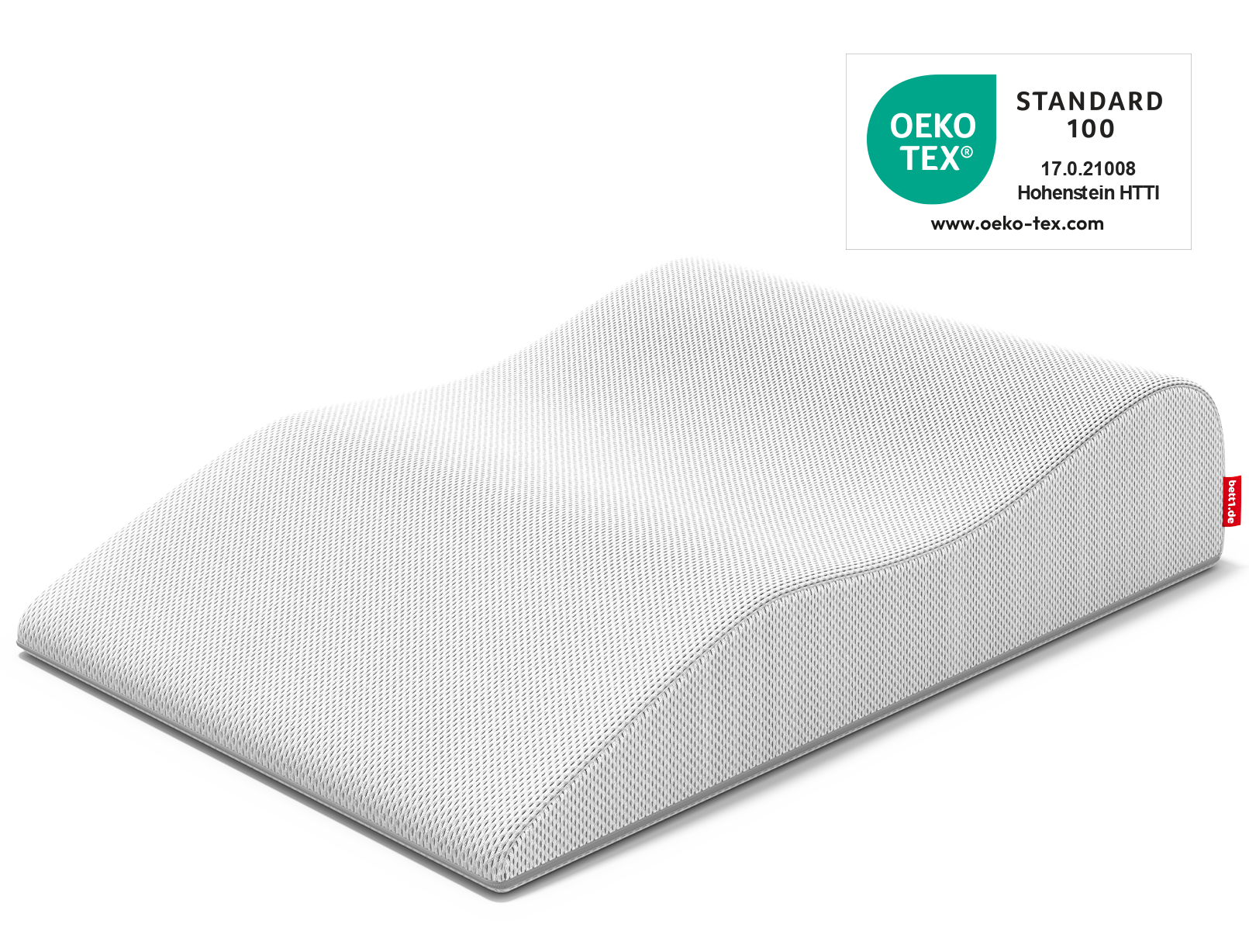 La almohada para las piernas BODYGUARD®. Al lado, el sello Oeko-Tex® Standard 100.