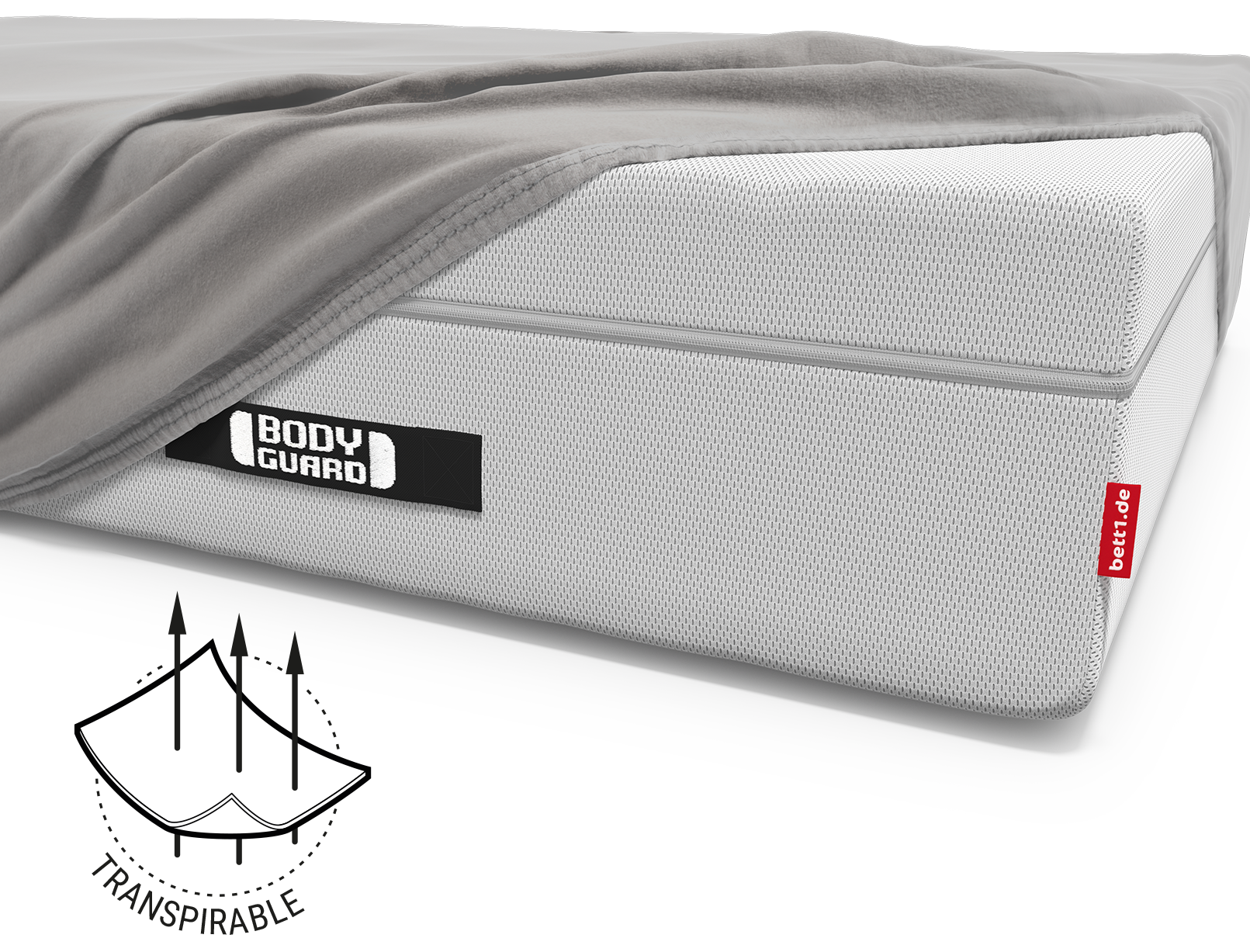 Die BODYGUARD® Boxspring Matratze bezogen mit dem Spannbettlaken extra hoch. Illustration des Stoffes, durch den drei Pfeile gehen. Text: atmungsaktiv	