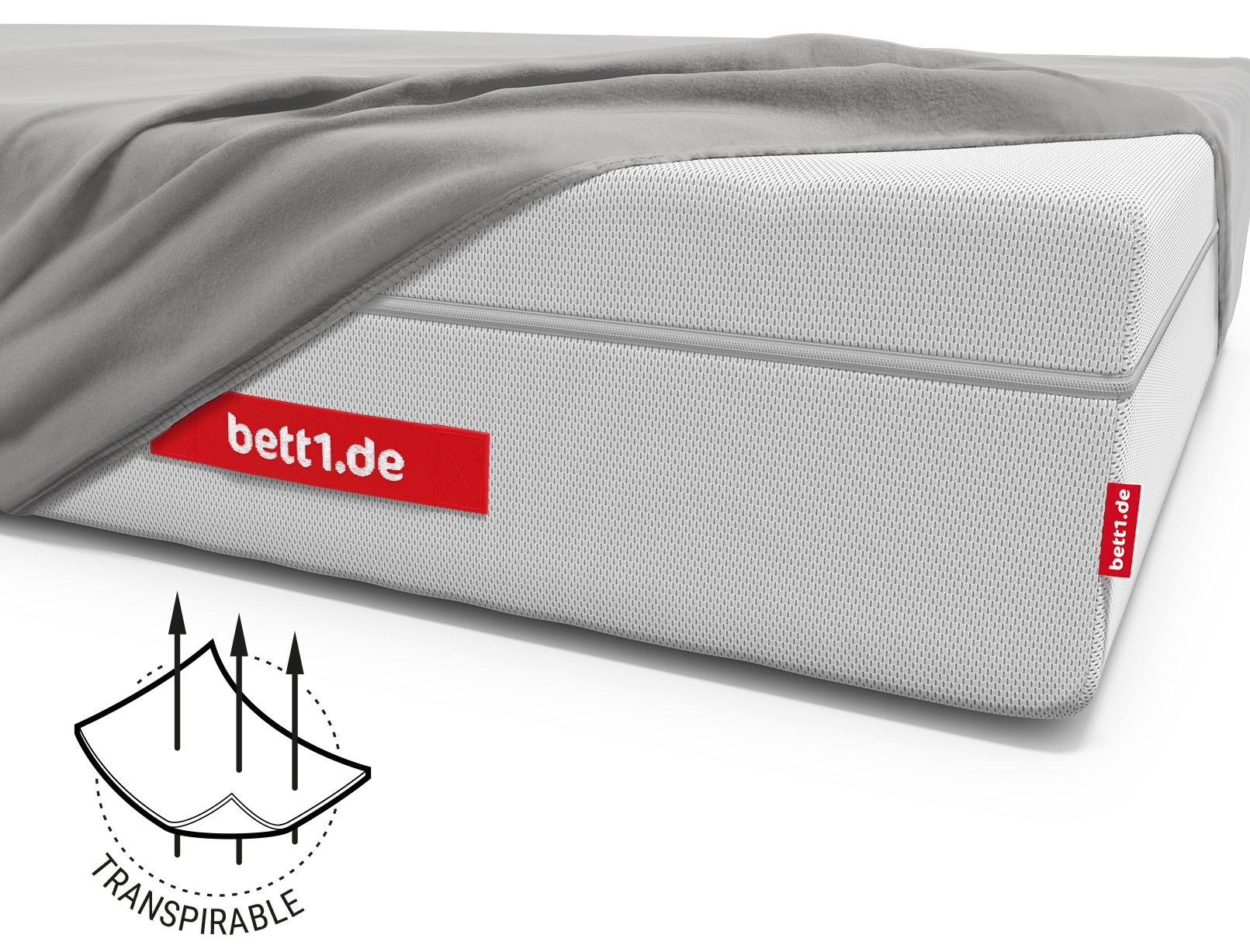 Die BODYGUARD® Boxspring Matratze bezogen mit dem Spannbettlaken extra hoch. Illustration des Stoffes, durch den drei Pfeile gehen. Text: atmungsaktiv	