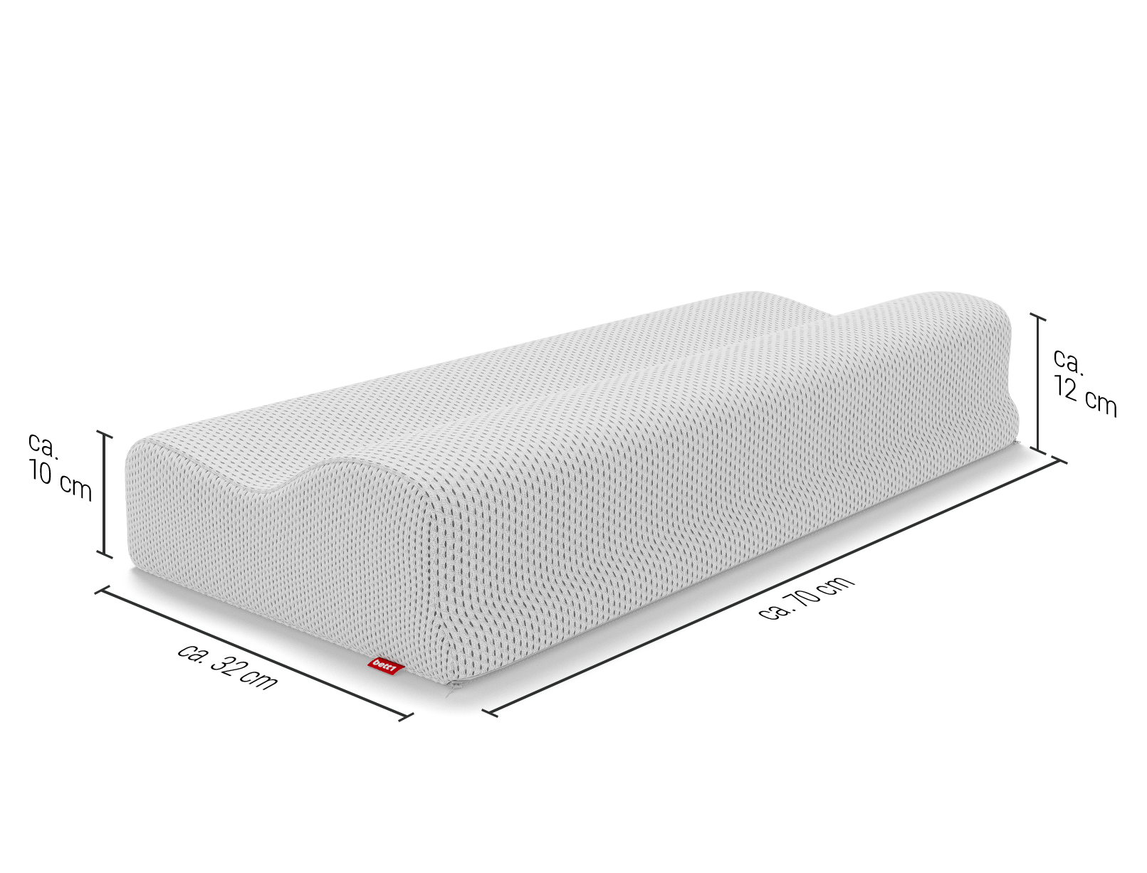Das Nackenstützkissen, an dessen Seiten die Maßangaben verzeichnet sind: 70 x 32 x 10–12 cm (L x B x H).	