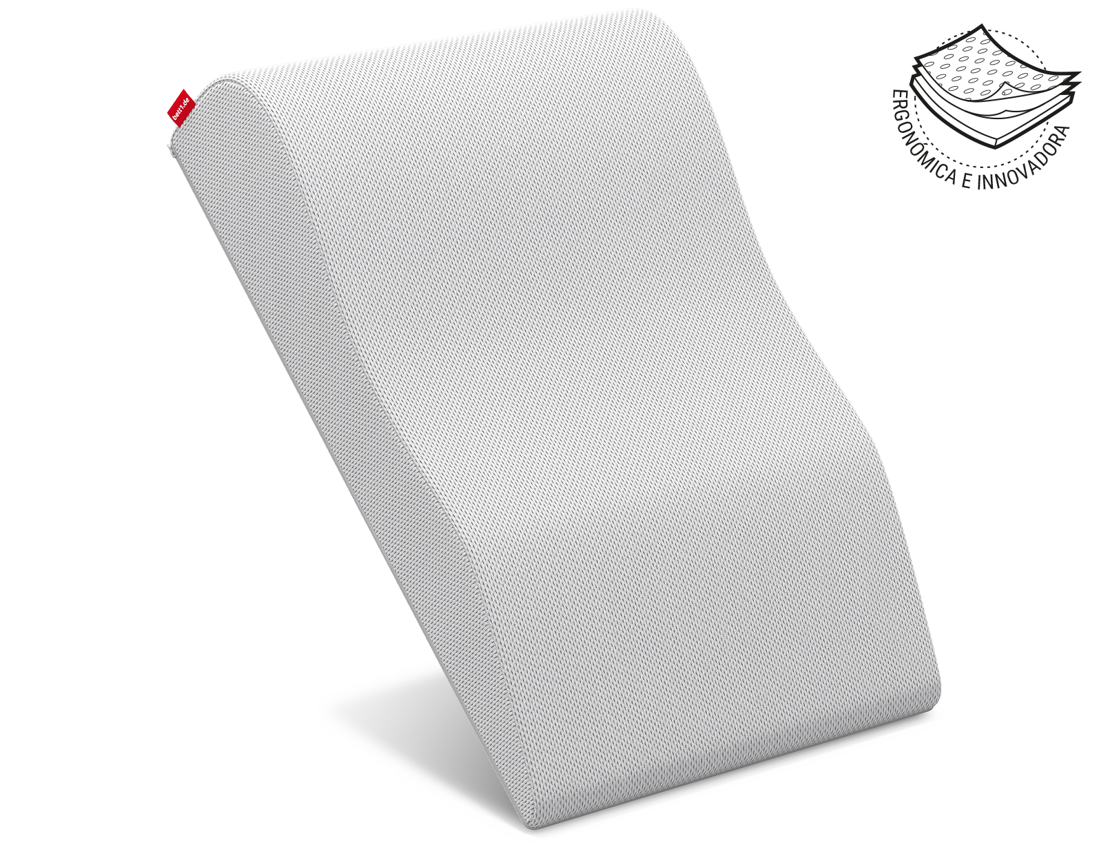 La almohada para las piernas BODYGUARD® colocada de pie, equilibrada sobre el lado delgado. Al lado, la ilustración de la funda de la almohada en tres capas con el texto: ergonómica e innovadora.