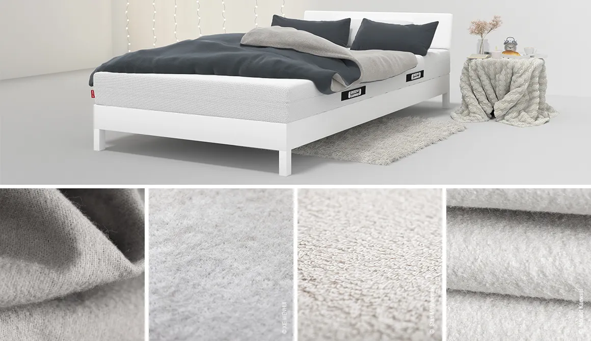 Auf einem Bett liegt Bettzeug mit Winterbettwäsche bezogen, darunter vier Kacheln mit Fokus auf verschiedene Arten wärmender Bettwäsche.
