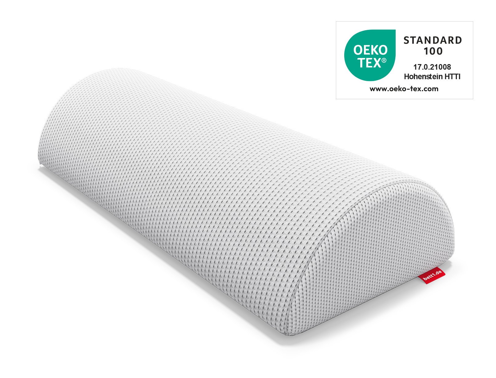 La almohada media luna BODYGUARD® para rodillas y cuello. Al lado, el sello Oeko-Tex® Standard 100.