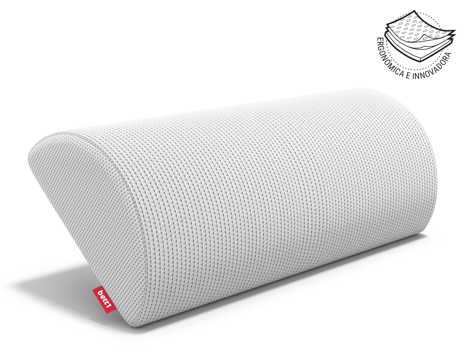 La almohada media luna para el cuello equilibrada sobre el lado largo, con el lado plano levantado del suelo. Ilustración de la funda de la almohada en tres capas. Texto: ergonómica e innovadora.