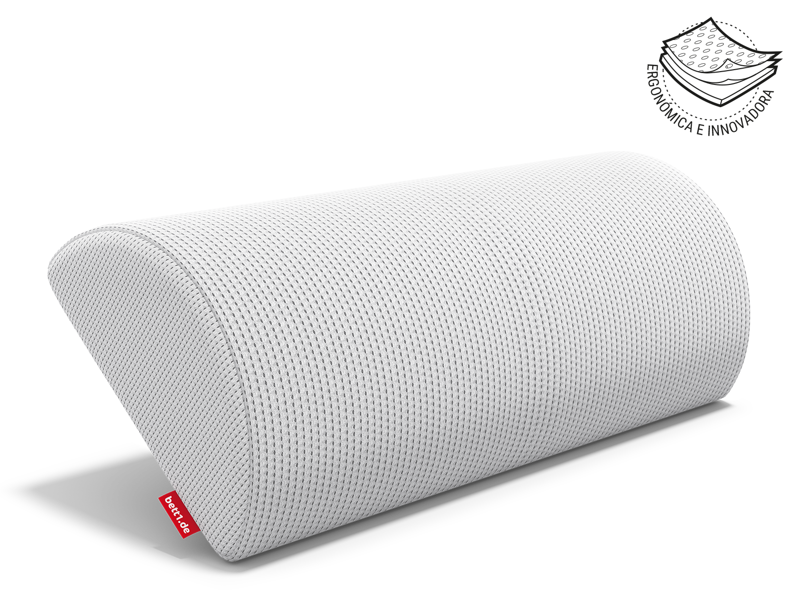 La almohada media luna para el cuello equilibrada sobre el lado largo, con el lado plano levantado del suelo. Ilustración de la funda de la almohada en tres capas. Texto: ergonómica e innovadora.