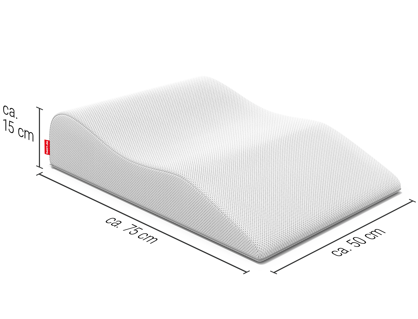 Das BODYGUARD® Venenkissen, an dessen Seiten die Maßangaben verzeichnet sind: 75 x 50 x 15 cm (L x B x H)	
