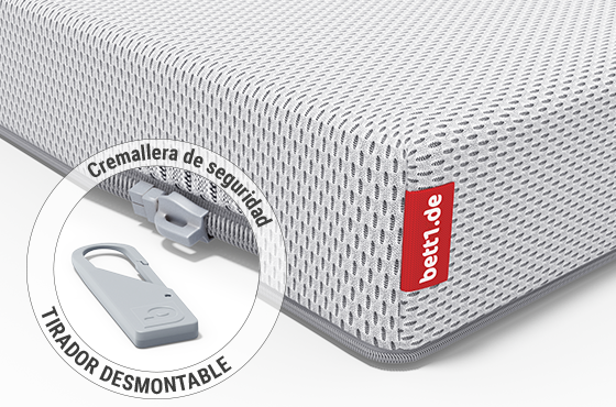 Primer plano de un colchón bett1 con la etiqueta visible, destacando la calidad del producto y el fácil manejo.
