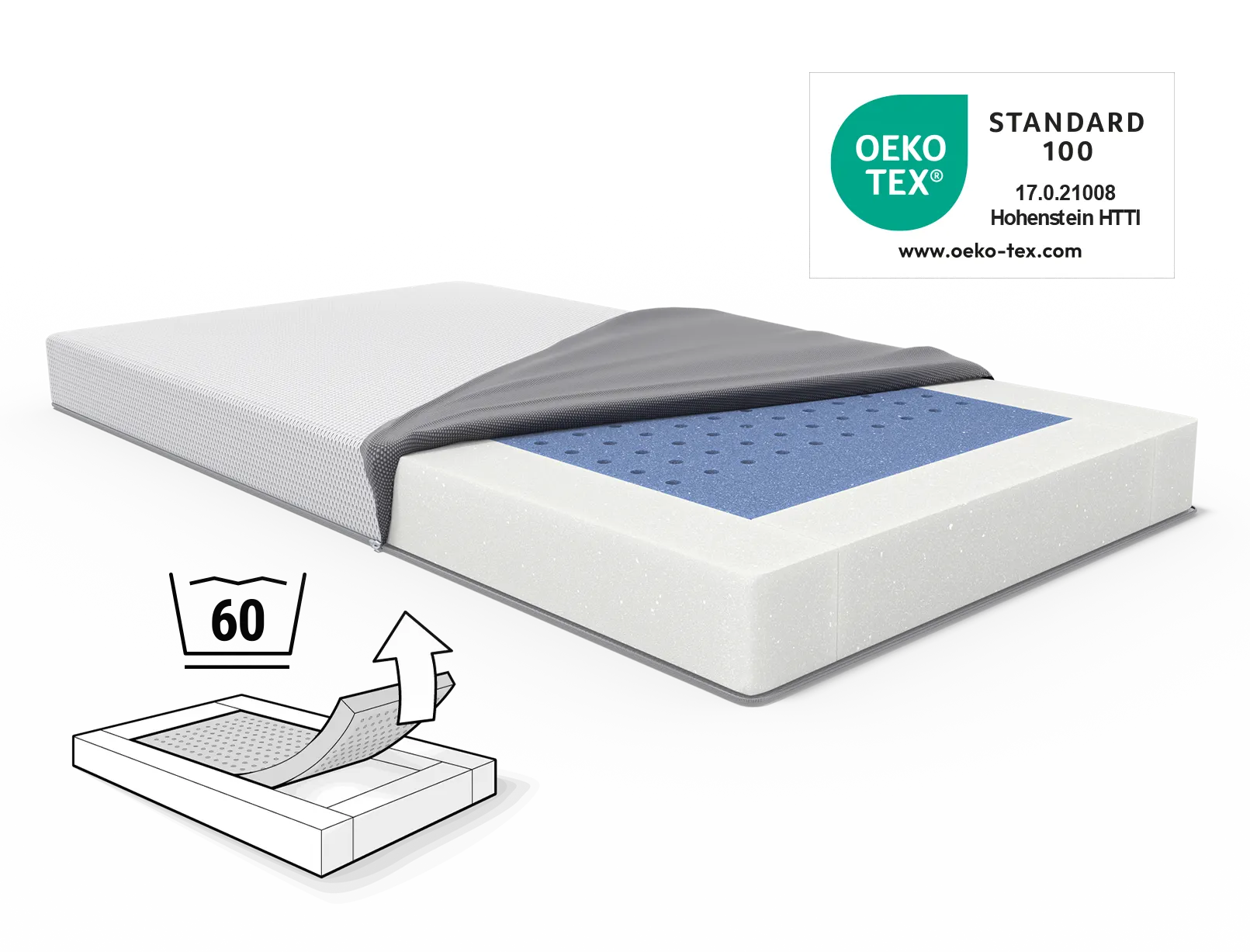 Colchón de cuna con la funda doblada hacia atrás. Sello Oeko-Tex®. Ilustración del colchón de cuna con símbolos de lavado.