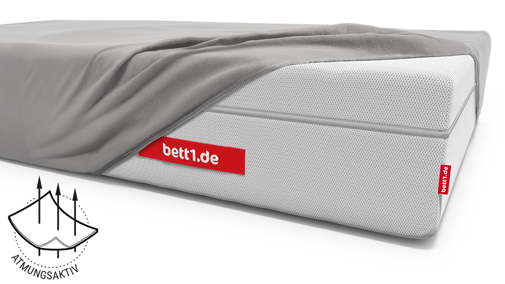 Die FLIP® Matratze bezogen mit dem Spannbettlaken extra hoch. Illustration des Stoffes, durch den drei Pfeile gehen. Text: atmungsaktiv	