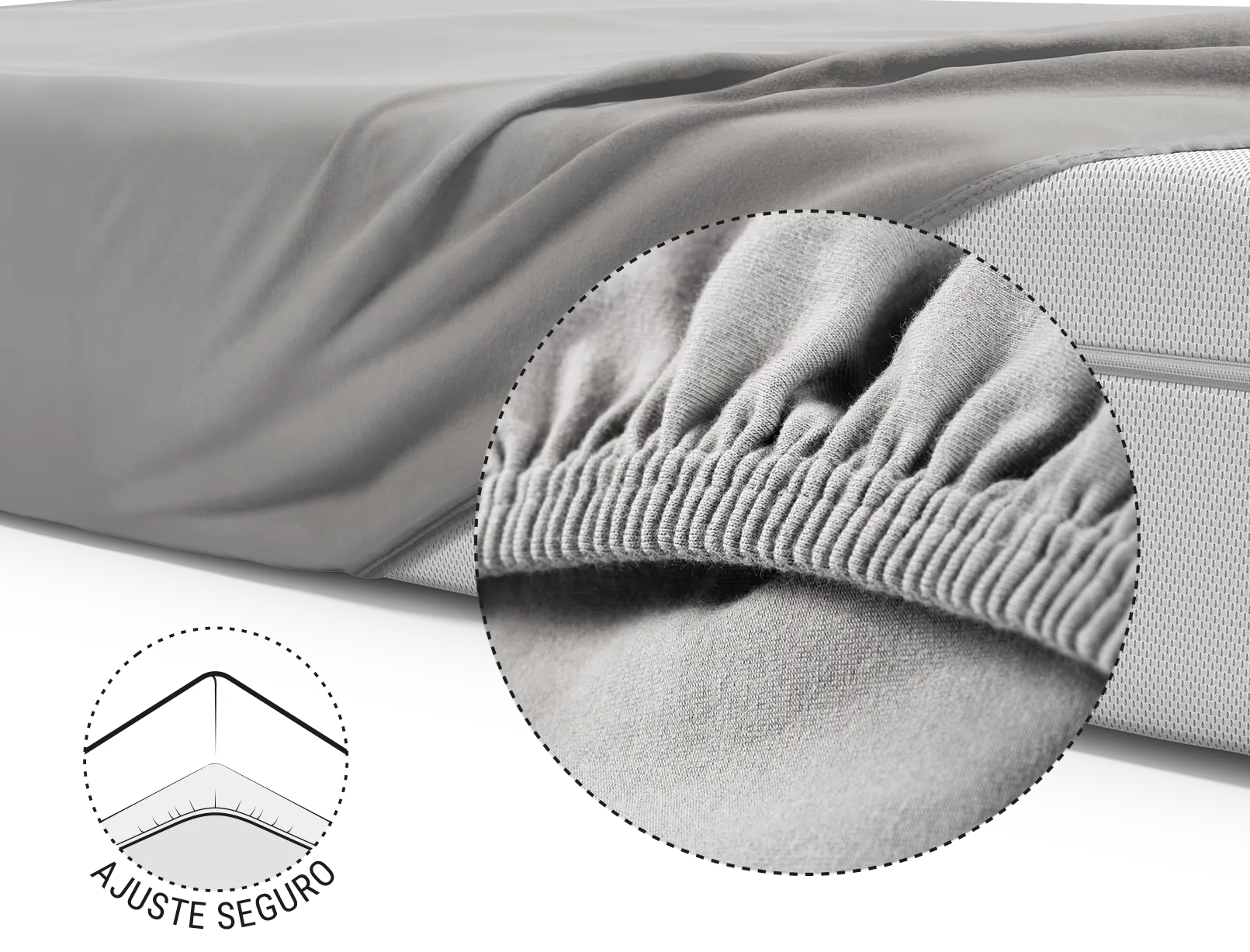 El colchón BODYGUARD® Boxspring está cubierto con la sábana ajustable extra alta. Enfoque en el borde reforzado y elástico. Ilustración que muestra cómo el borde de la sábana se ajusta a la parte inferior del colchón. Texto: seguro agarre.