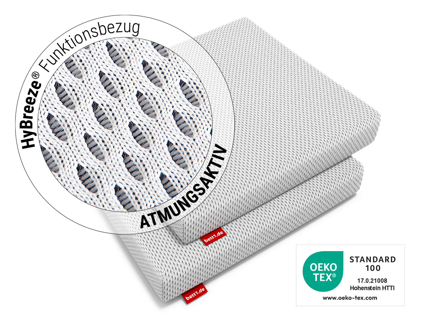 Zwei BODYGUARD®Sitzkissen aufeinanderliegend. Zoom auf Bezug. Text: HyBreeze® Funktionsbezug/atmungsaktiv. Daneben das Oeko-Tex® Standard 100 Siegel.