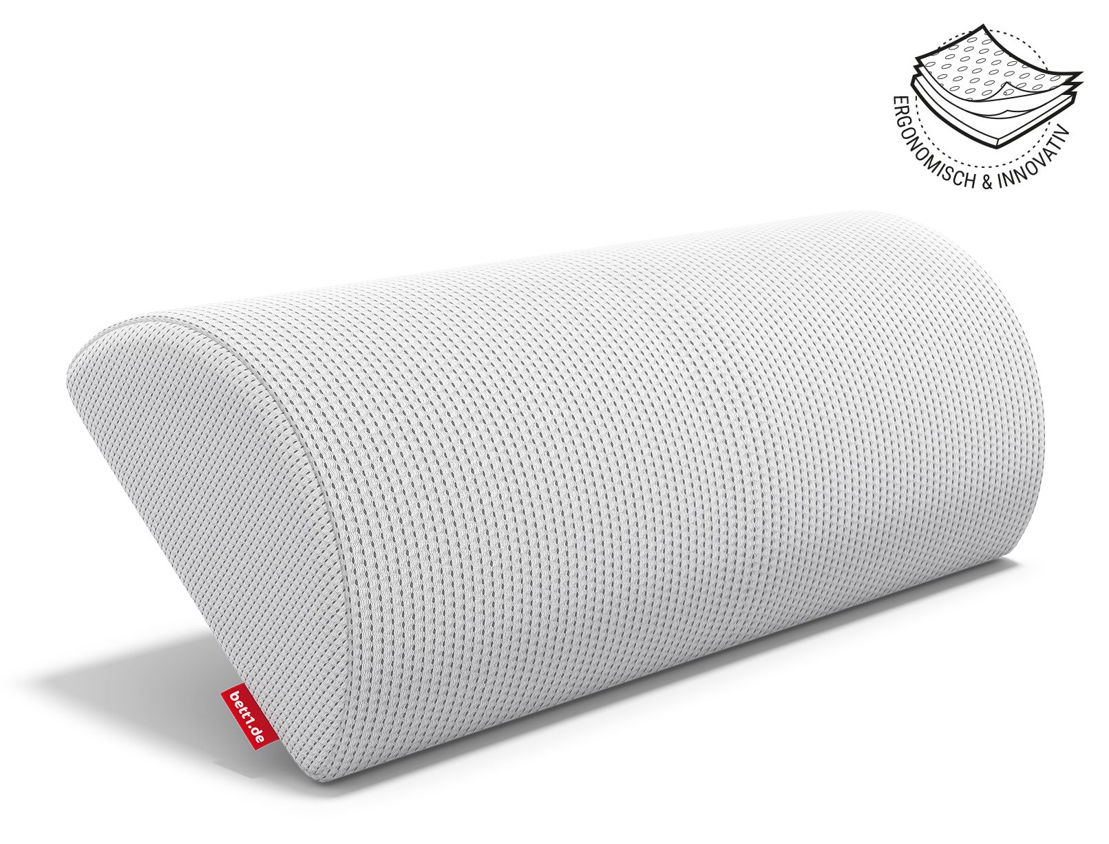  Die Nackenhalbrolle balanciert auf der Längsseite, die flache Seite abgehoben vom Boden. Illustration des Kissenbezugs in drei Schichten. Text: ergonomisch und innovativ	