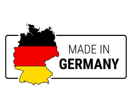Made in Germany Logo mit Deutschlands-Konturen in den Farben der deutschen Flagge.