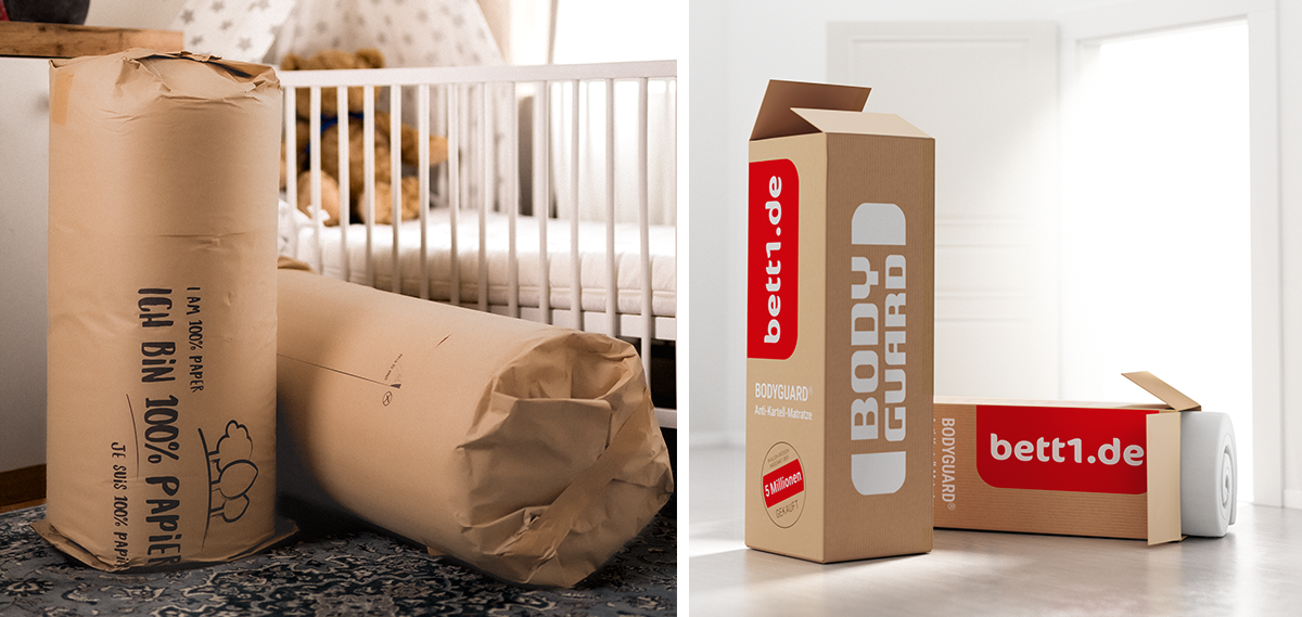 Zweigeteiltes Foto: links gerollte Kindermatratze in Papierverpackung, rechts zwei Versandkartons der BODYGUARD Matratzen für Erwachsene.