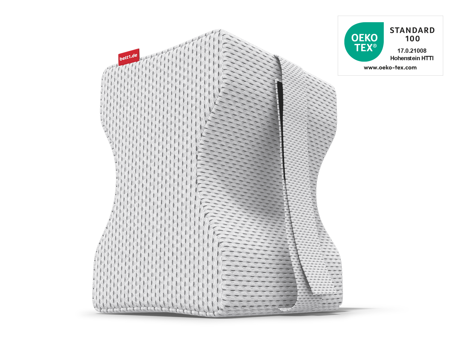 La almohada para las rodillas BODYGUARD®. Al lado, el sello Oeko-Tex® Standard 100.