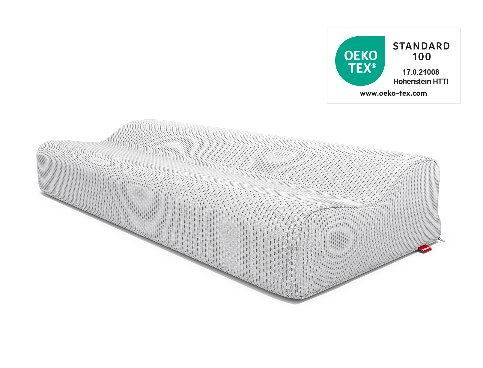 La almohada cervical BODYGUARD®. Al lado, el sello Oeko-Tex® Standard 100.
