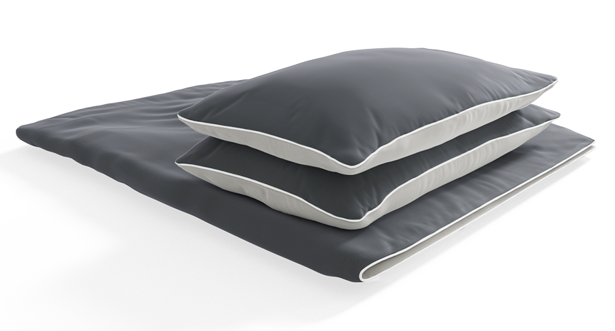 Juego de funda nórdica BODYGUARD de bett1.es doblado, mostrando un diseño en tonos oscuros y modernos, con fundas de almohada incluidas.