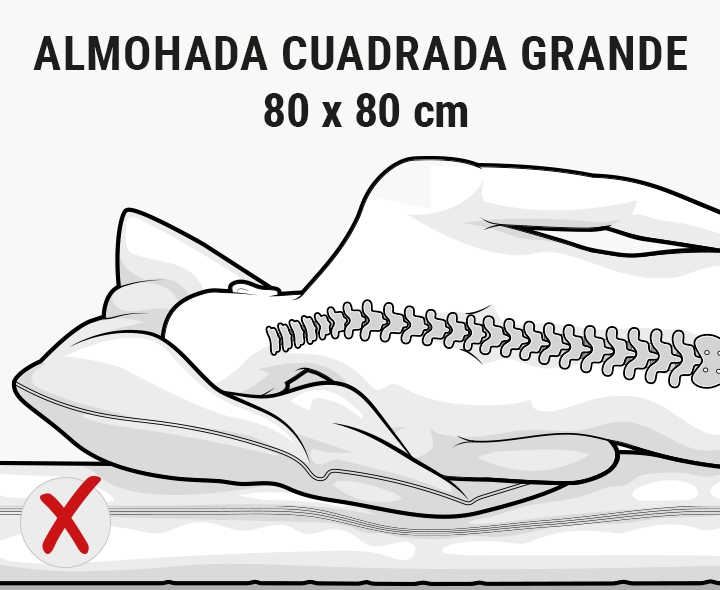 Ilustración: una persona tumbada sobre una almohada, con la columna vertebral hacia dentro y doblada Texto: almohada estándar 80x80 cm