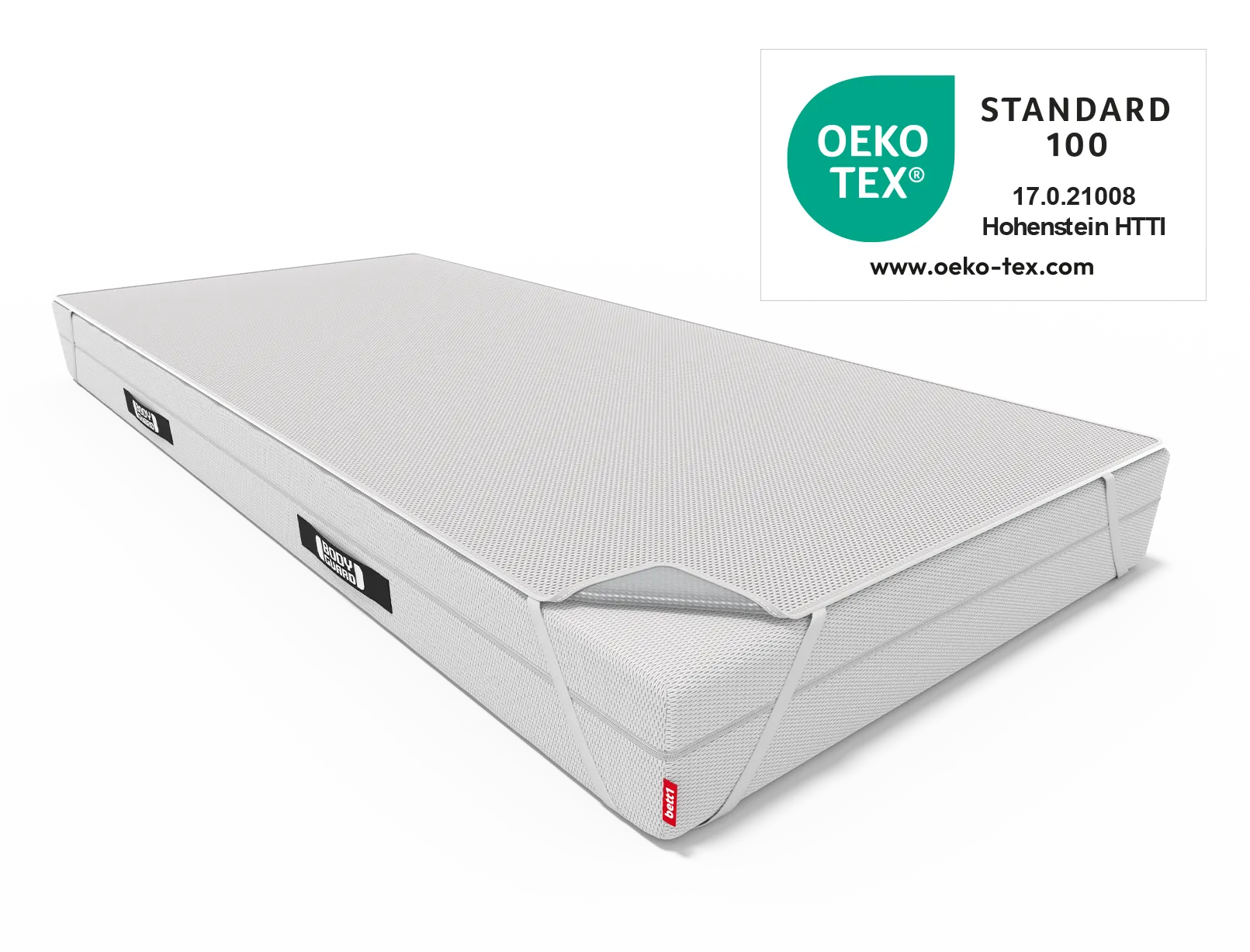 La protección para incontinencia BODYGUARD® está fijada a la colchón BODYGUARD® con las correas de sujeción, junto al sello Oeko-Tex® Standard 100.