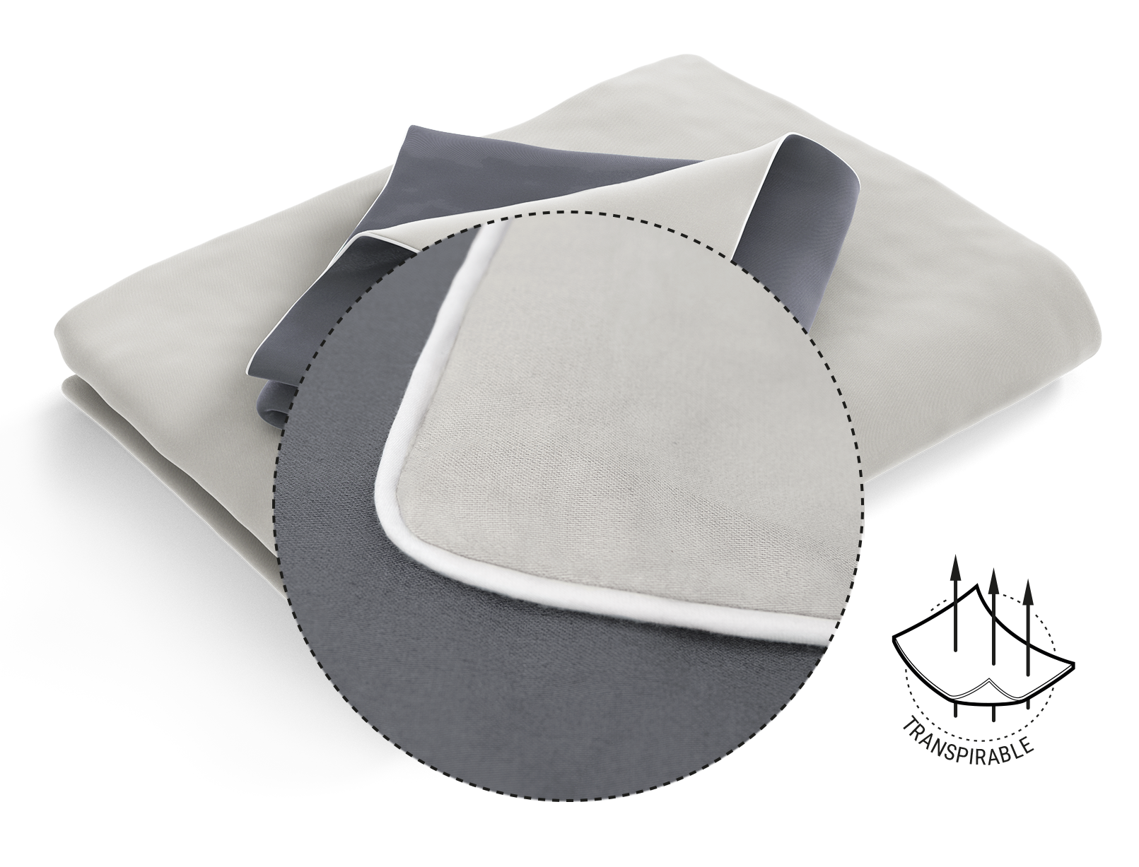 Funda nórdica gris y blanca doblada, con círculo de detalle que muestra el borde blanco.