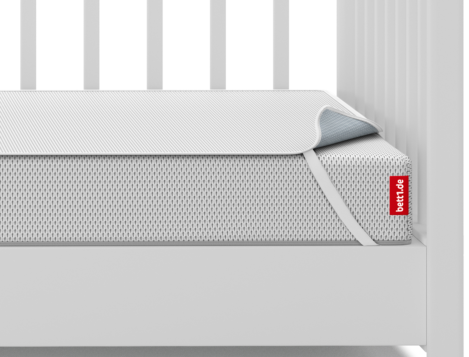 Colchón de cuna con funda transpirable, detalle de ajuste en la esquina, logotipo bett1.