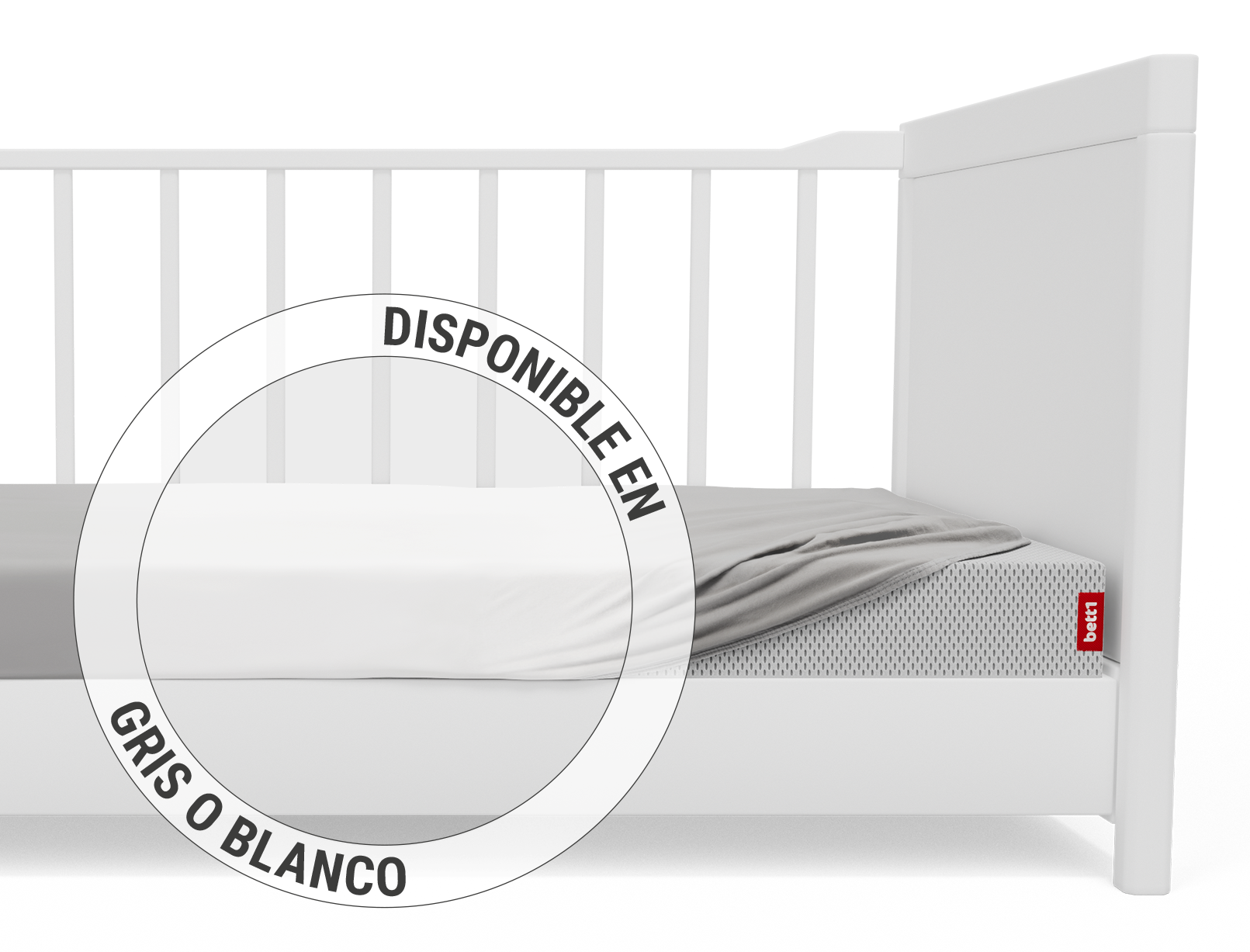 Cuna blanca con colchón y sábana Bodyguard ajustada, círculo informativo "DISPONIBLE EN GRIS O BLANCO".