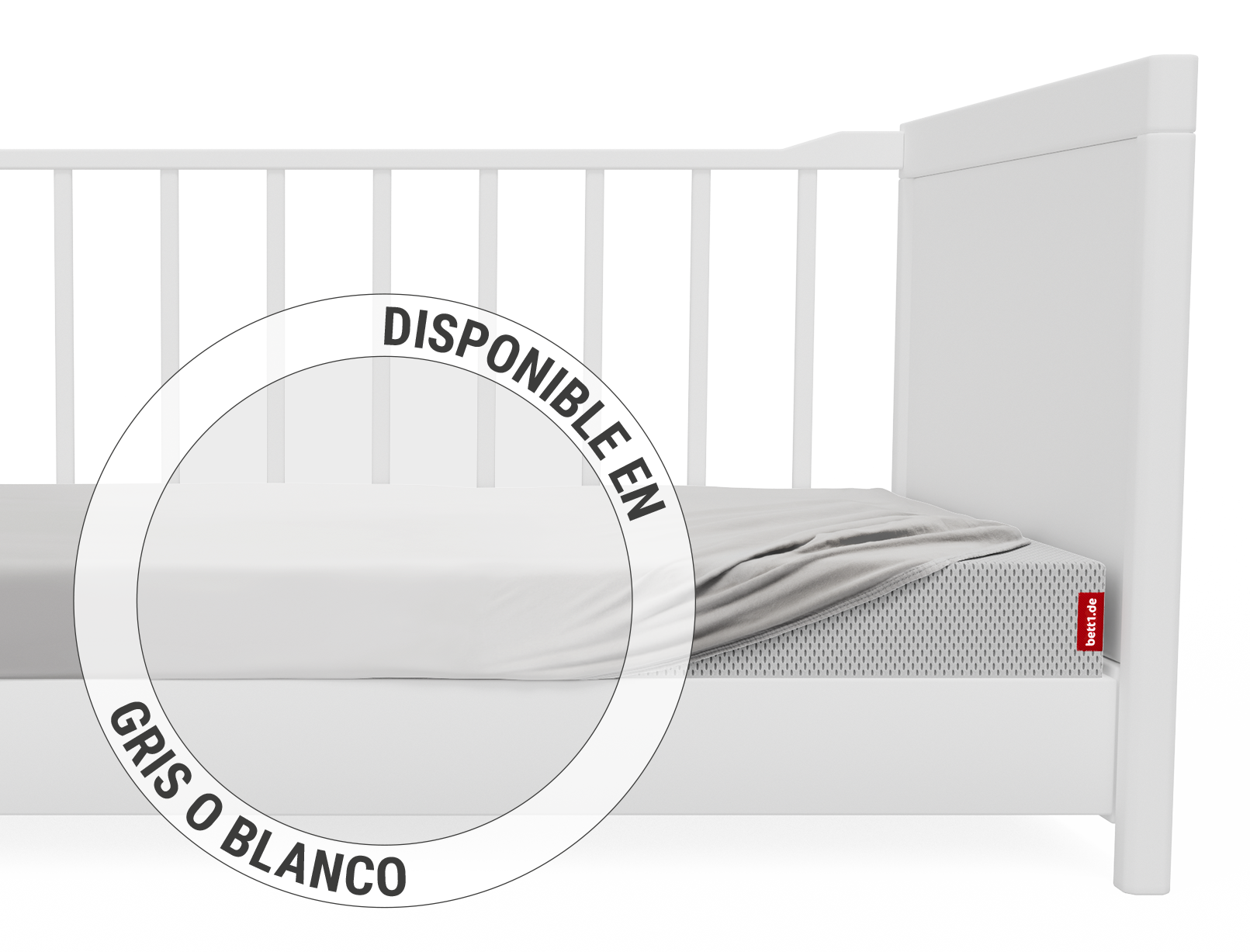 Cuna blanca con colchón y sábana Bodyguard ajustada, círculo informativo "DISPONIBLE EN GRIS O BLANCO".