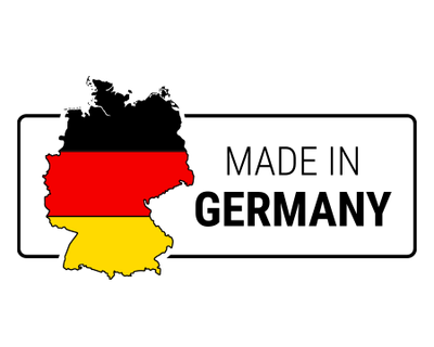 Made in Germany Logo mit Deutschlands-Konturen in den Farben der deutschen Flagge.