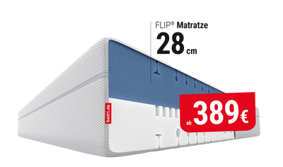 FLIP Matratze mit einem Presi ab 387€ und Text: ohne Metallfedern.